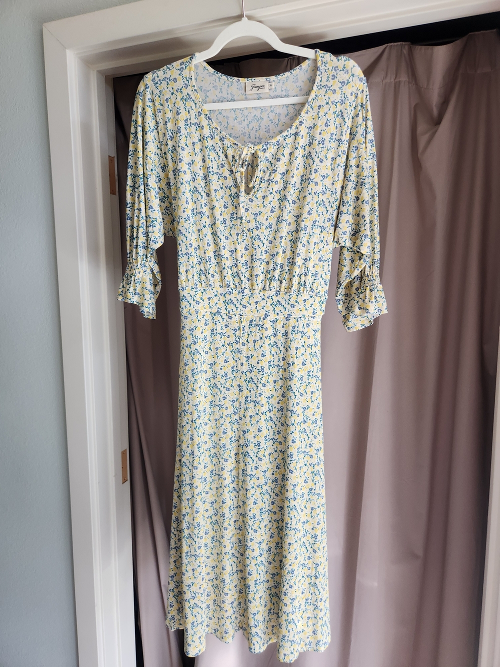 Tie-Neck Floral Midi Dress in Light Yellow and Blue - From Sweden